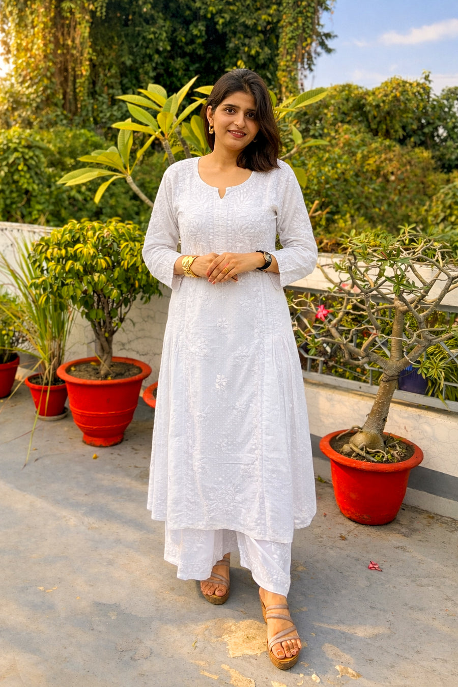 White Cotton Dobby A-Line Chikankari Kurta | Lucknowi