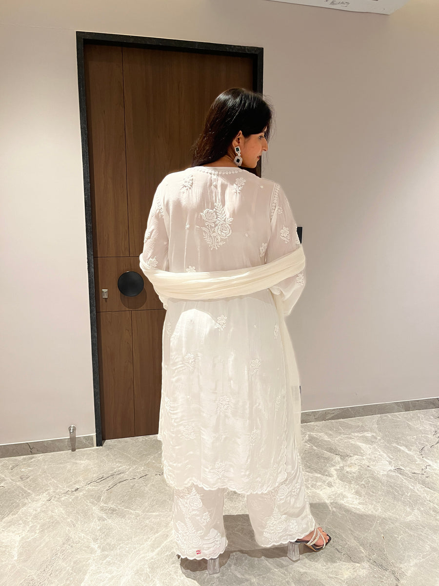 White Crepe Chikankari Kurta Palazzo Dupatta Set | Lucknowi – photo 10