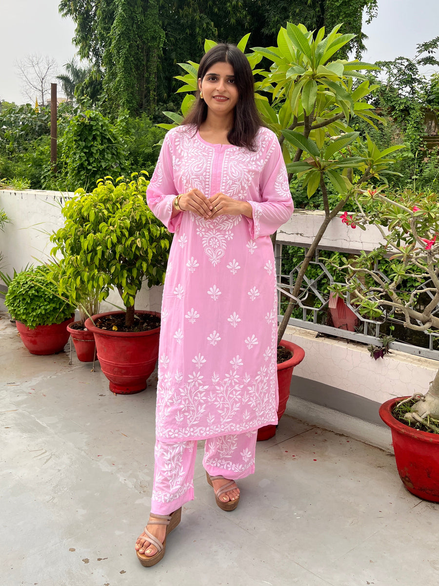 Onion Pink Modal Chikankari Kurta Palazzo Set | Lucknowi – photo 9