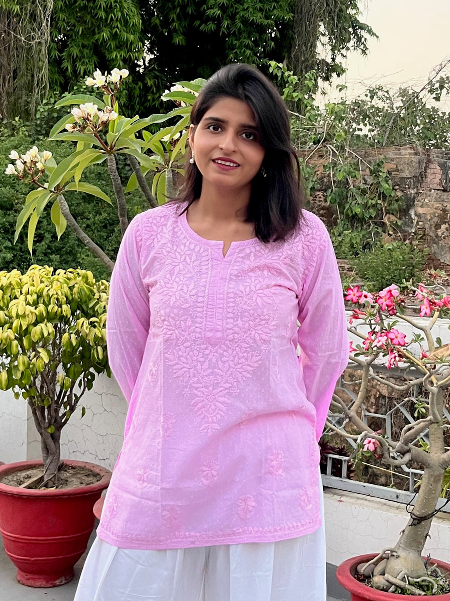 Pink Cotton Dobby Chikankari Short Kurti | Lucknowi – photo 2