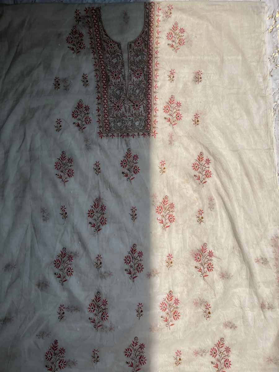 Ivory Mul Chanderi Chikankari Unstitched Kurta Dupatta | Lucknowi – photo 4