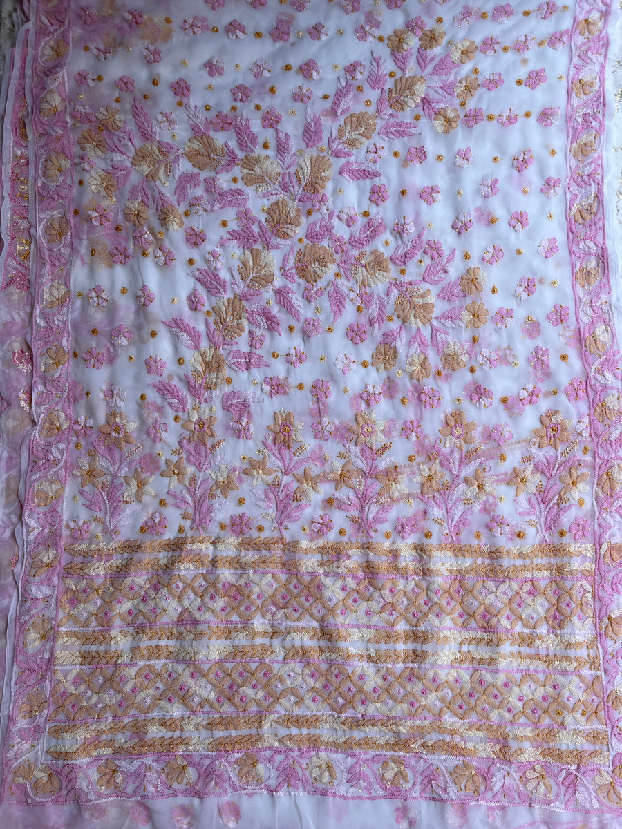 White Pure Chiffon Chikankari Resham Saree – photo 7