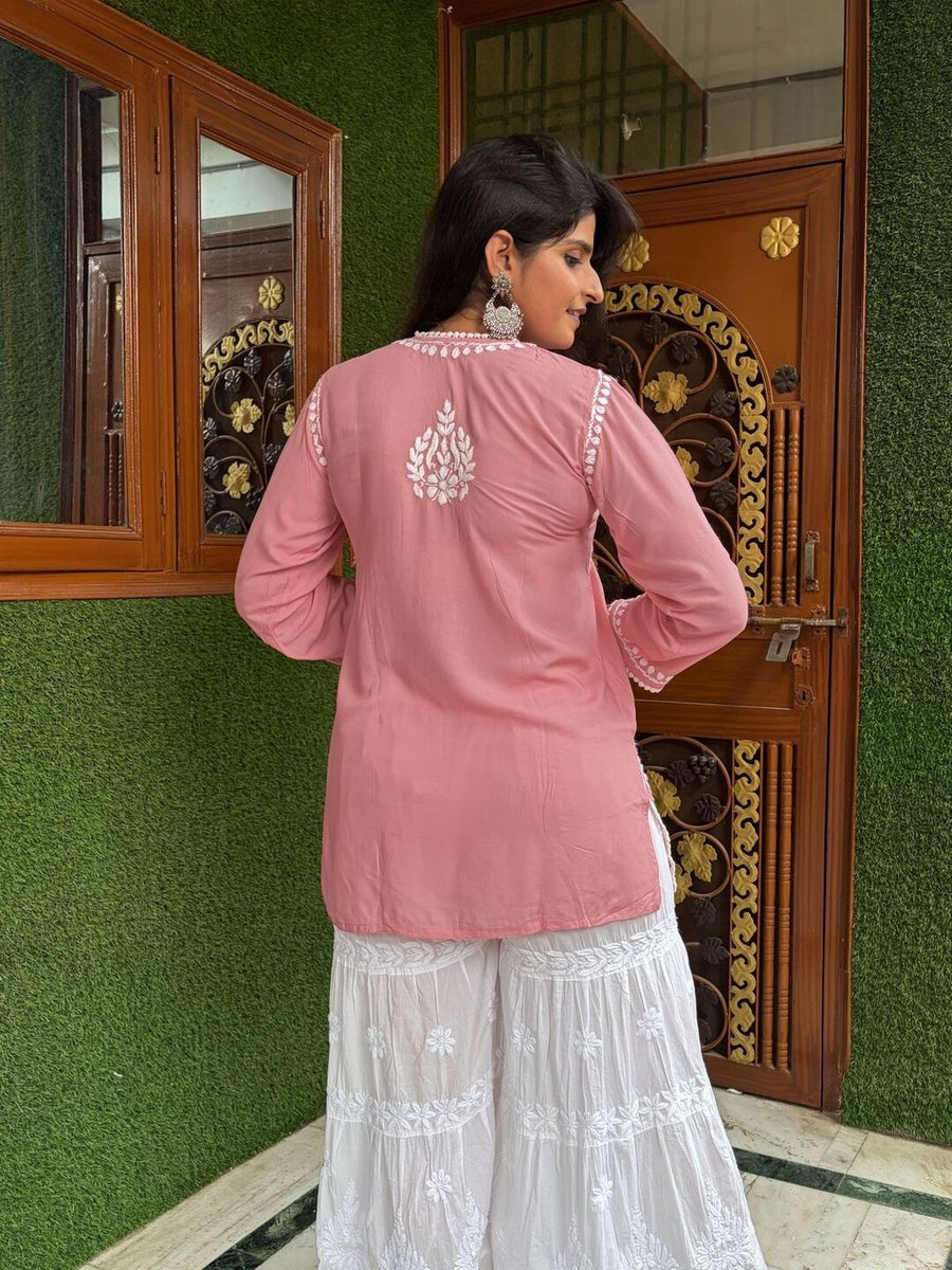 Women Yellow Modal Chikankari Embroidered Short Kurta