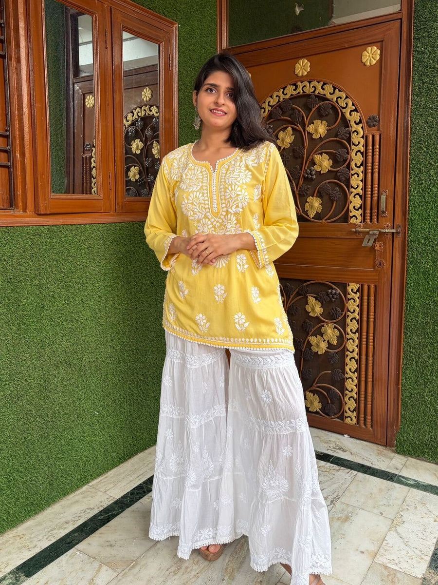 Women Yellow Modal Chikankari Embroidered Short Kurta