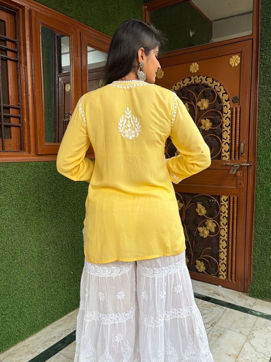 Women Yellow Modal Chikankari Embroidered Short Kurta