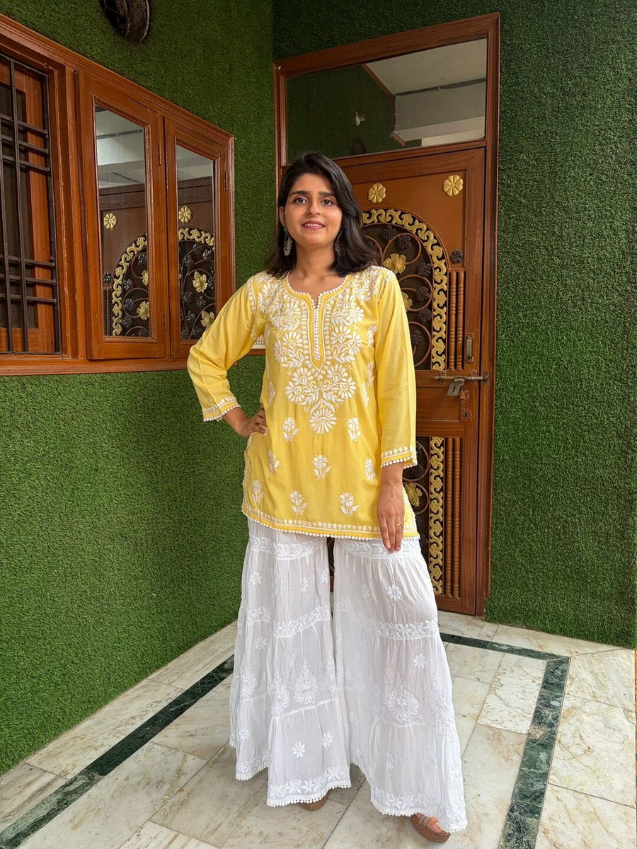Women Yellow Modal Chikankari Embroidered Short Kurta