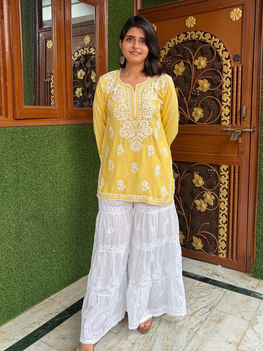 Women Yellow Modal Chikankari Embroidered Short Kurta