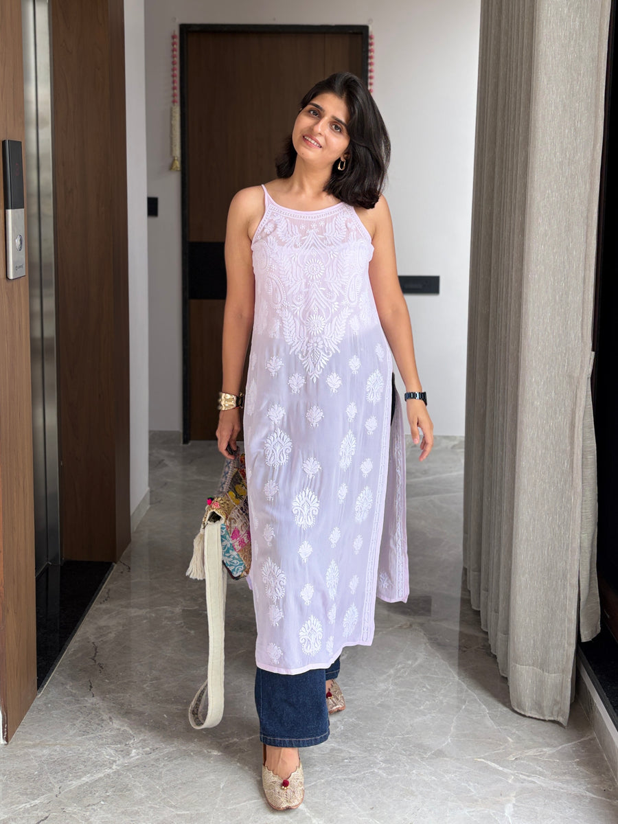 Blush pink viscose noodle strap chikankari kurta with white floral embroidery - front view