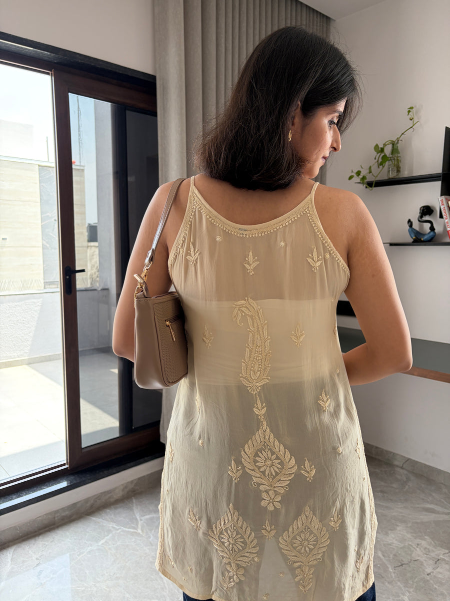 Ivory Noodle Strap Viscose Chikankari Short Kurti | Lucknowi
