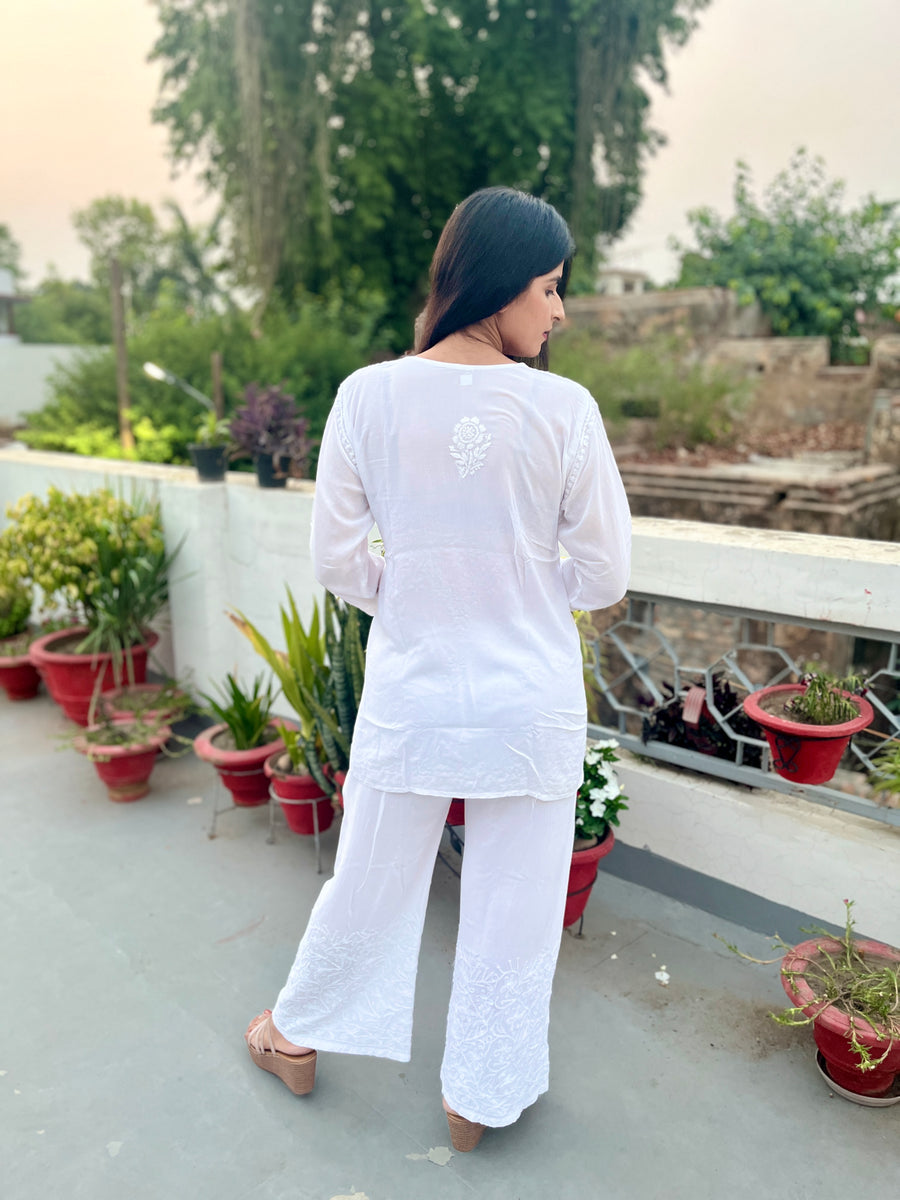White Rayon Chikankari Machine Embroidered Palazzo