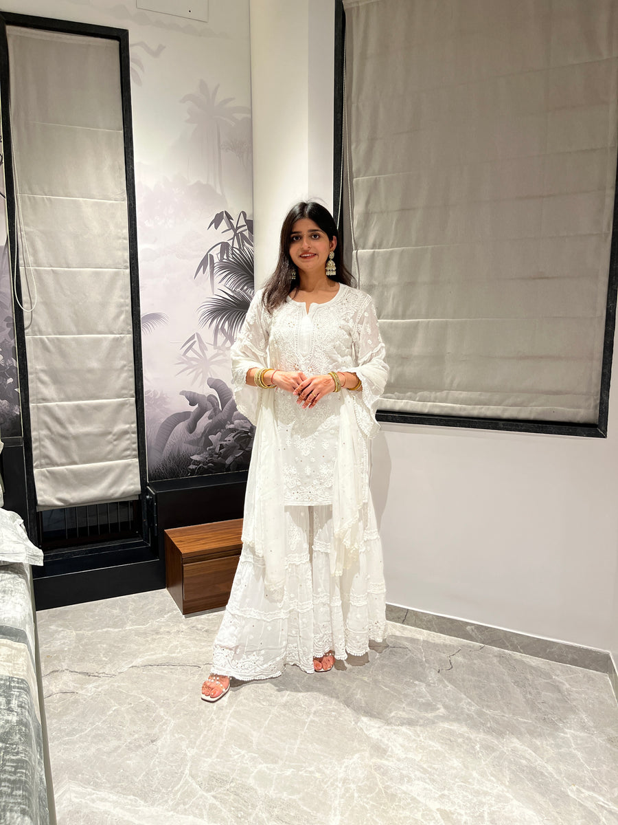 White Viscose Mukaish✨ Chikankari 3 piece Short Kurti Sharara and Dupatta Set
