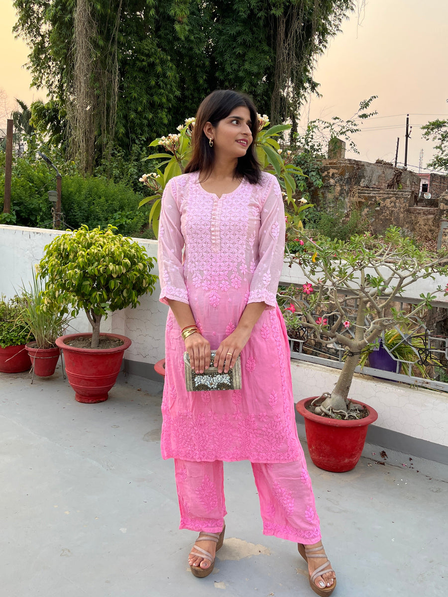 Women’s Ombre Muslin Chikankari Straight Long Kurta & Palazzo Set – Hand-Embroid