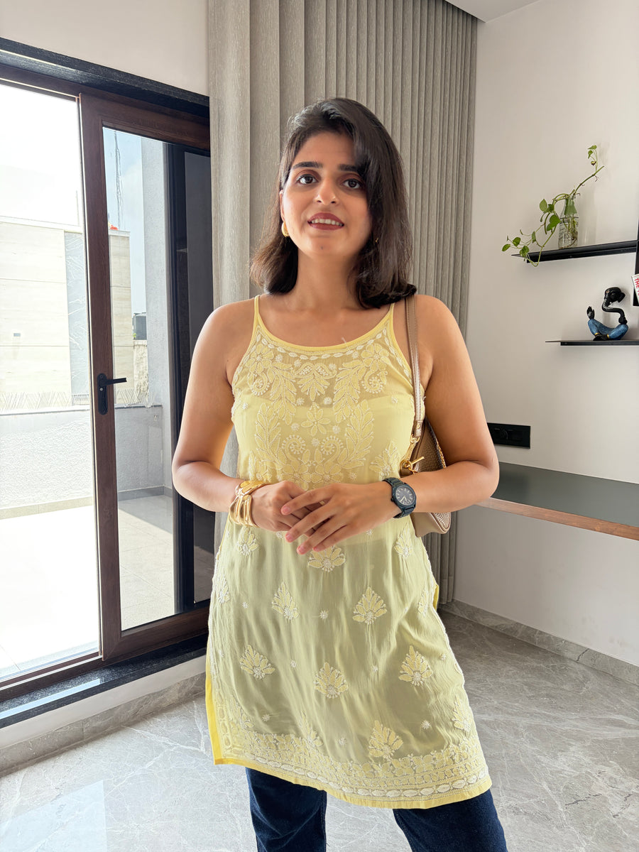 Ivory Noodle Strap Viscose Chikankari Short Kurti | Lucknowi
