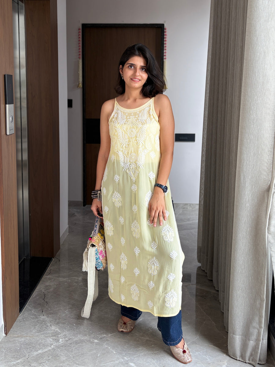 Yellow viscose noodle strap chikankari kurta - full length view paired with denim