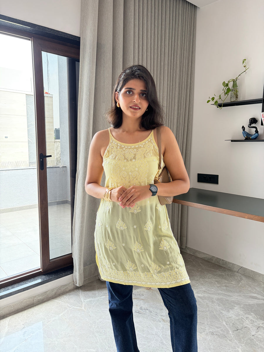Ivory Noodle Strap Viscose Chikankari Short Kurti | Lucknowi