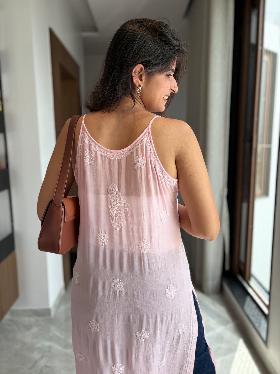 Blush pink viscose noodle strap chikankari kurta - close-up back view showing floral embroidery texture