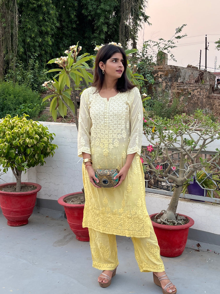 Women’s Ombre Muslin Chikankari Straight Long Kurta & Palazzo Set – Hand-Embroid