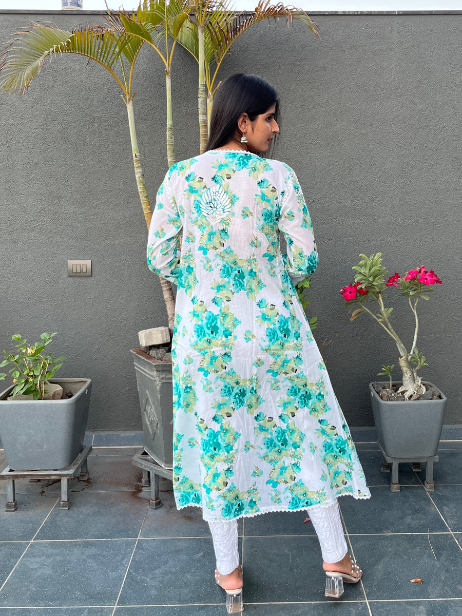 Women’s Mulmul Chikankari Angarkha Long Kurti – Hand-Embroidered Lucknowi Work