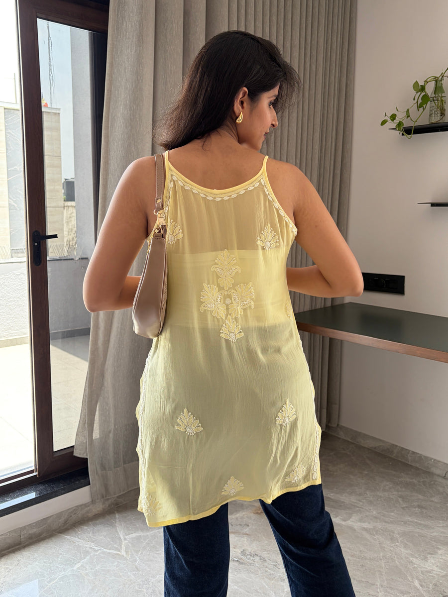 Ivory Noodle Strap Viscose Chikankari Short Kurti | Lucknowi