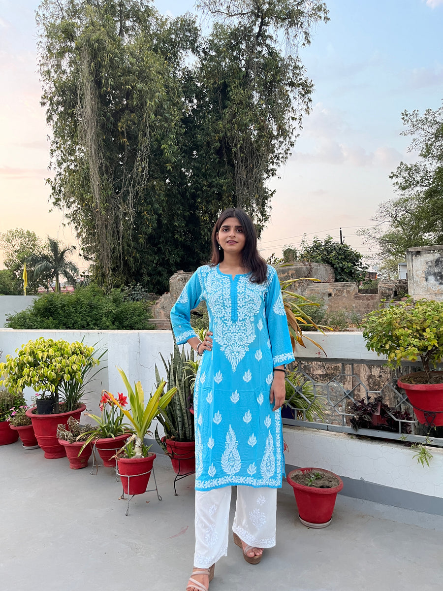 Blue Modal Chikankari Straight Kurta