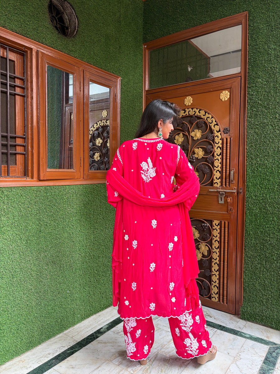 Deep Rani Pink Chikankari Kurta Palazzo Dupatta Set | Lucknowi