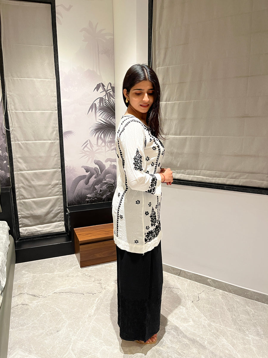 White A-line Modal Chikankari Short Kurti