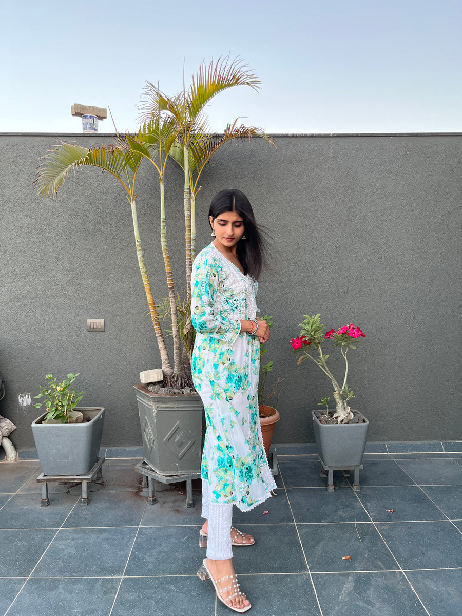 Women’s Mulmul Chikankari Angarkha Long Kurti – Hand-Embroidered Lucknowi Work