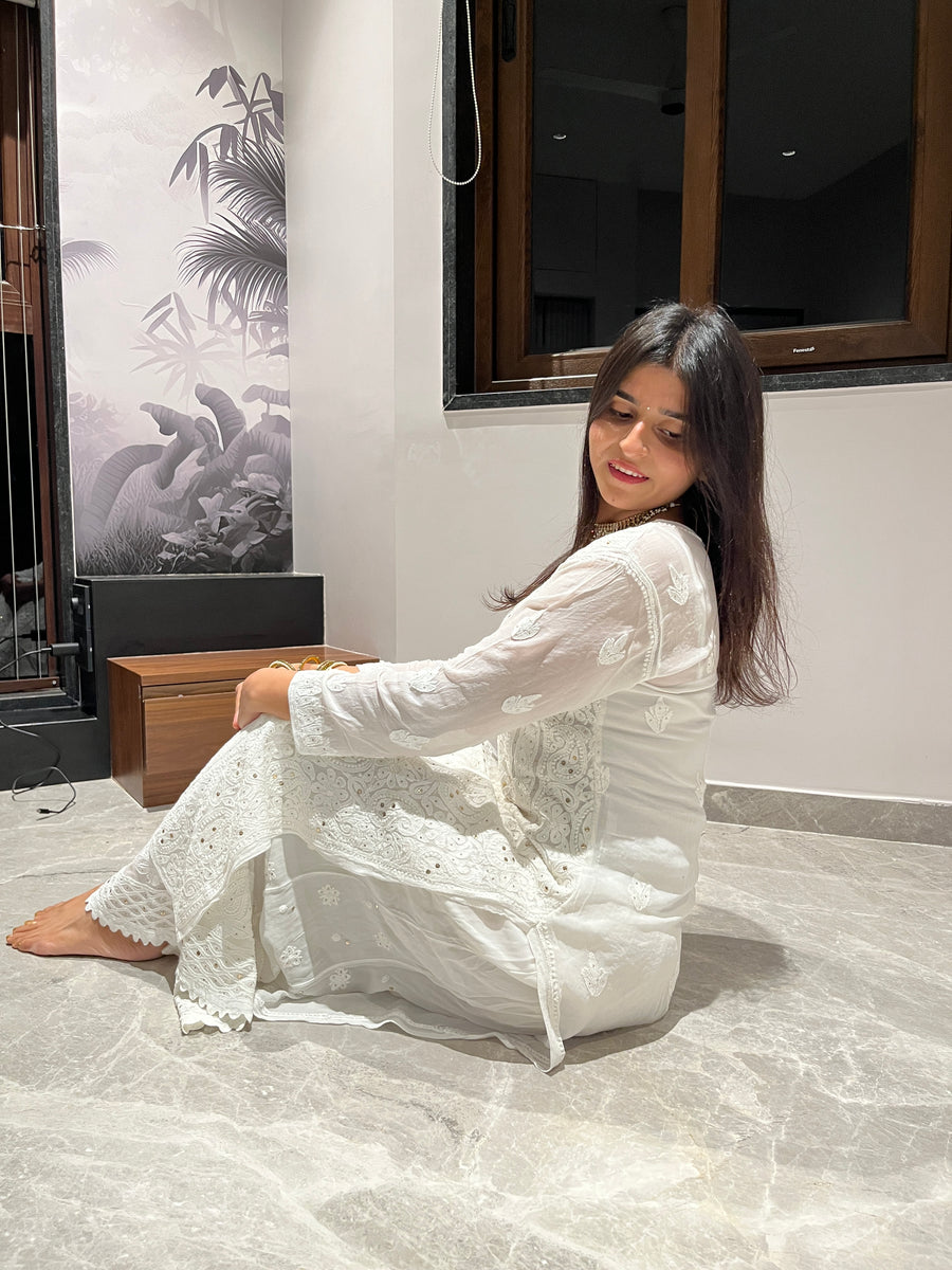 Classic White Viscose Mukaish Kalidar Chikankai Palazzo