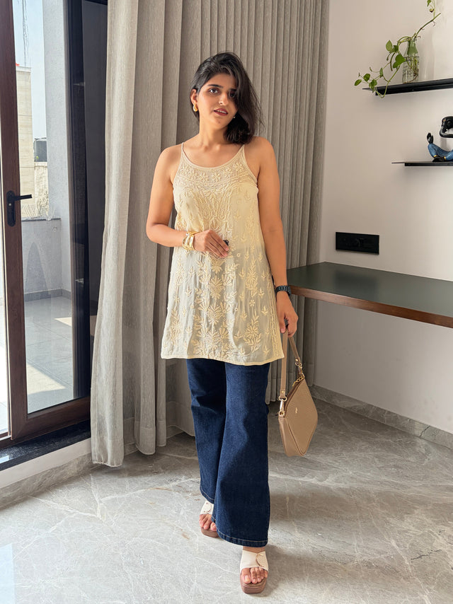 Ivory Noodle Strap Viscose Chikankari Short Kurti | Lucknowi