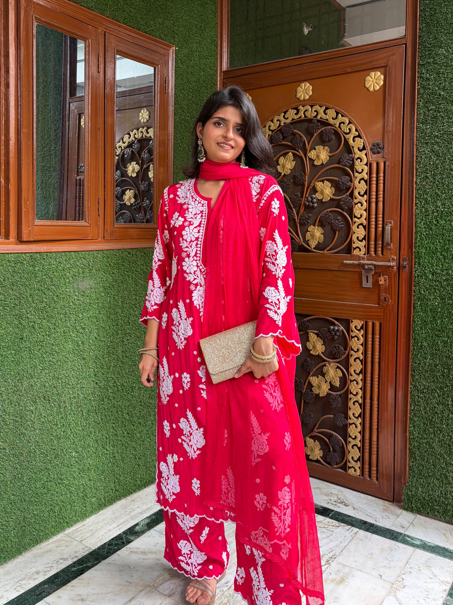 Deep Rani Pink Chikankari Kurta Palazzo Dupatta Set | Lucknowi