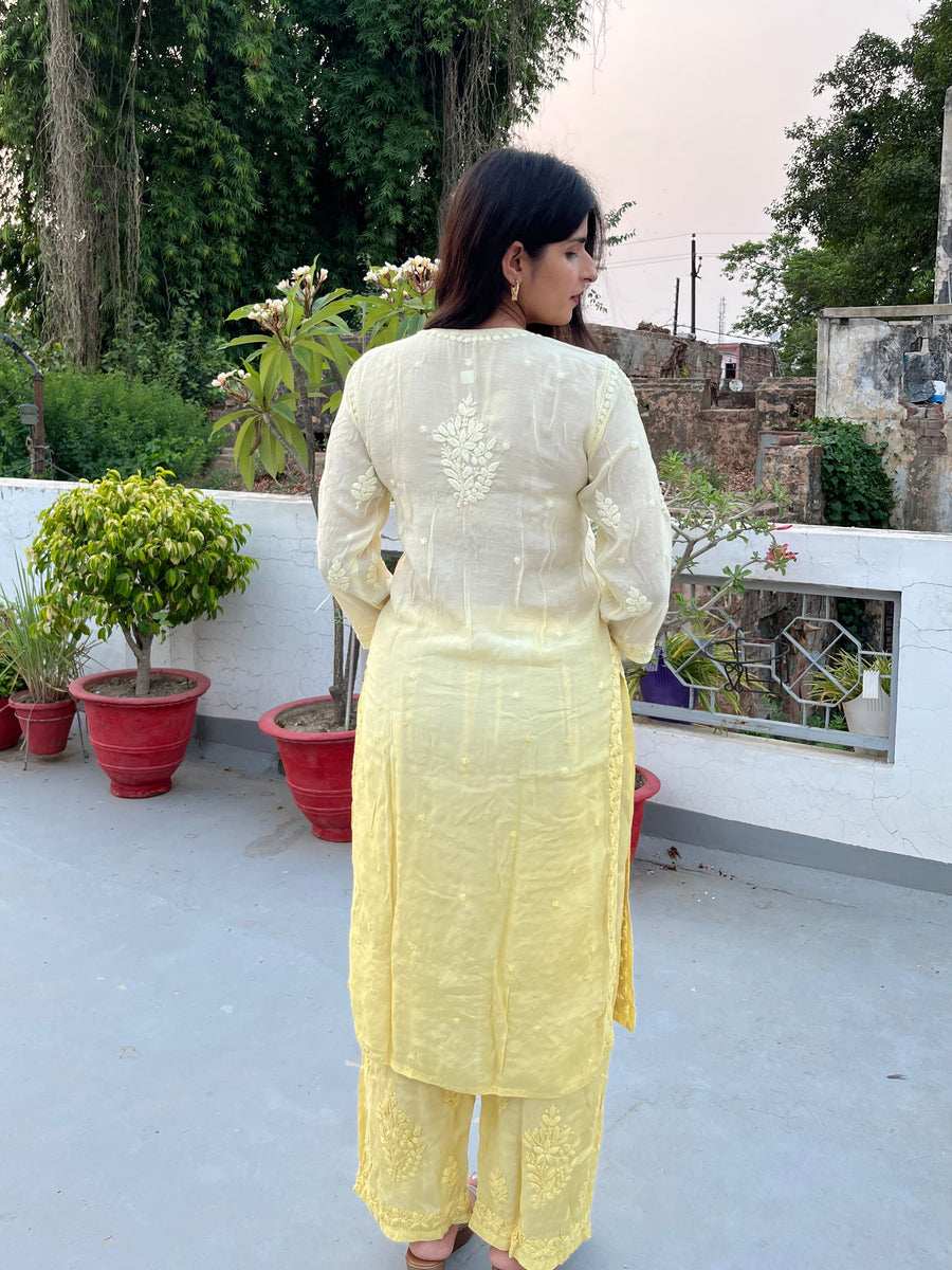 Women’s Ombre Muslin Chikankari Straight Long Kurta & Palazzo Set – Hand-Embroid