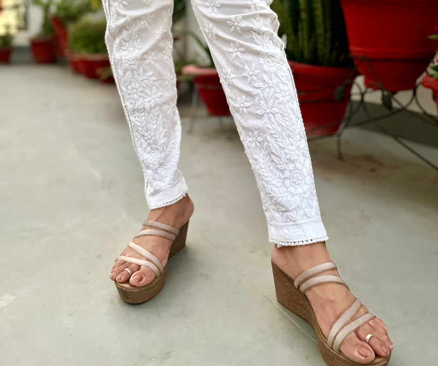 White Cotton Stretchable Chikankari Pants