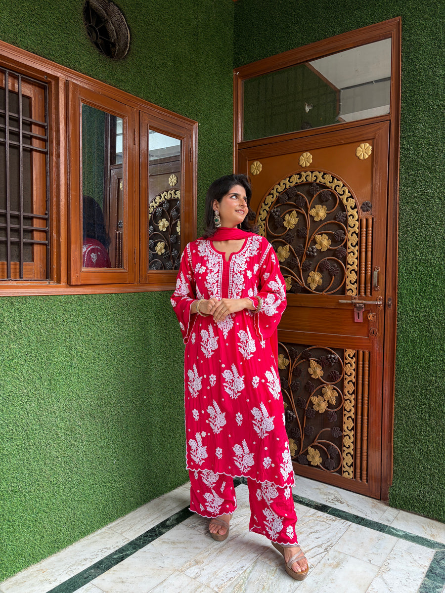 Deep Rani Pink Chikankari Kurta Palazzo Dupatta Set | Lucknowi