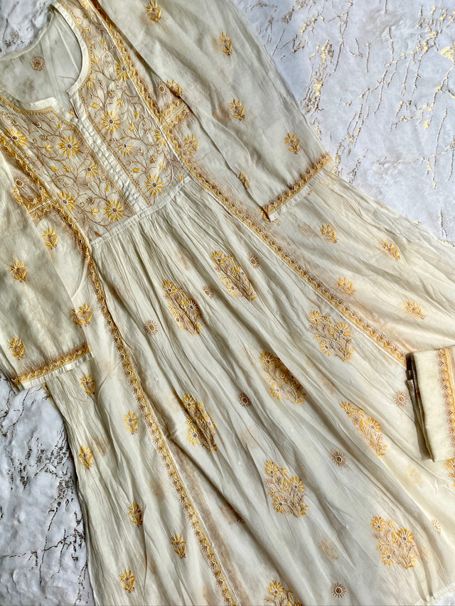 Ivory Mul Chanderi Chikankari Semi-Stitched A line Kurta Dupatta | Lucknowi