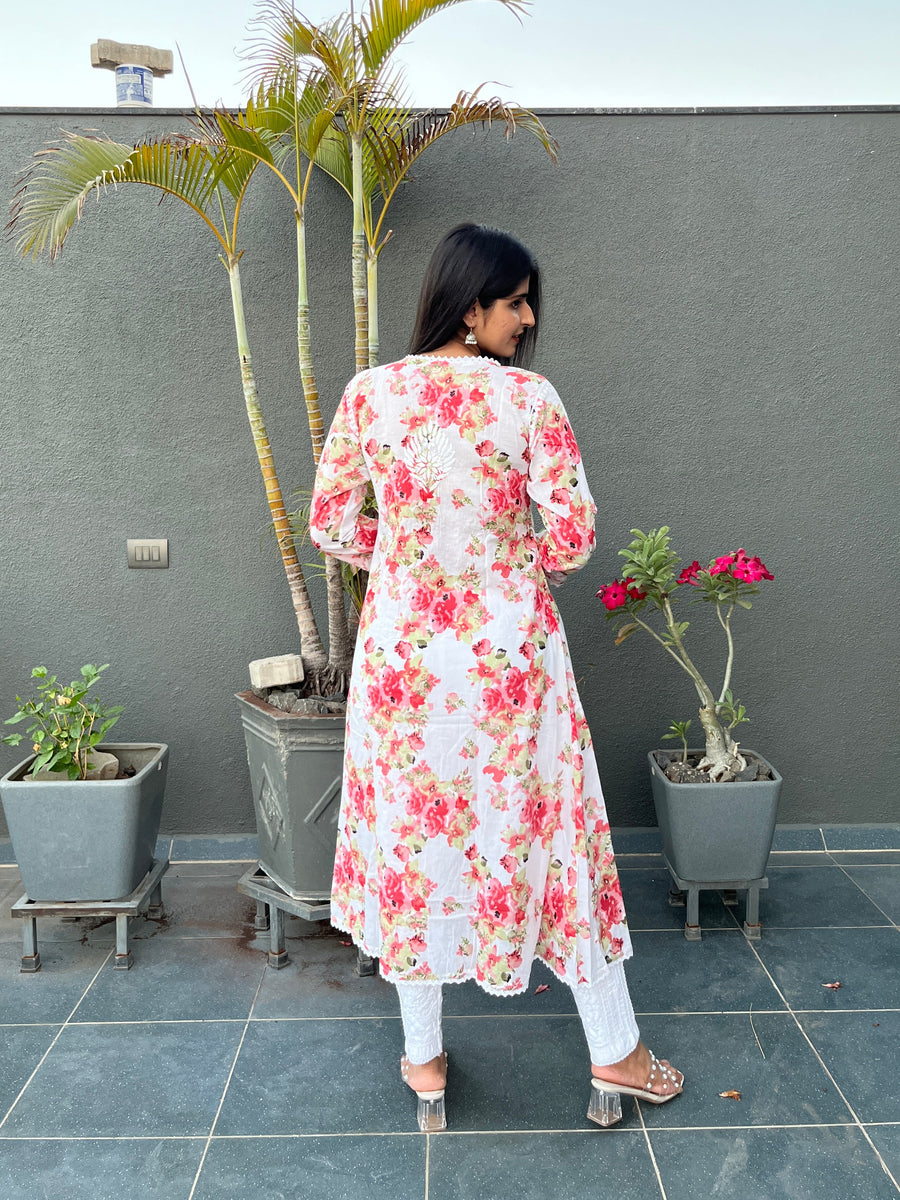 Women’s Mulmul Chikankari Angarkha Long Kurti – Hand-Embroidered Lucknowi Work