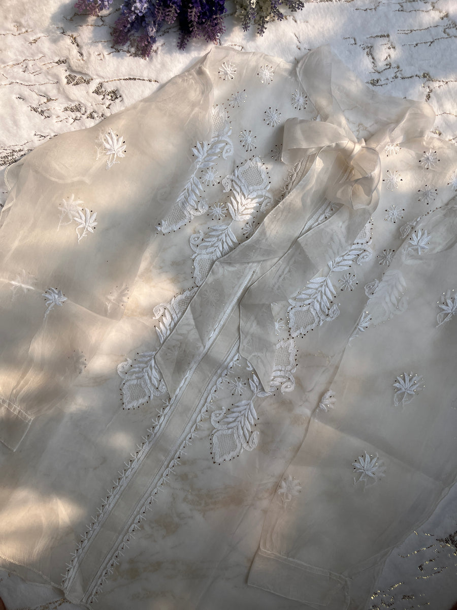 Ivory Pure Organza Chikankari Mukaish Kamdani Semi-Stiched Shirt