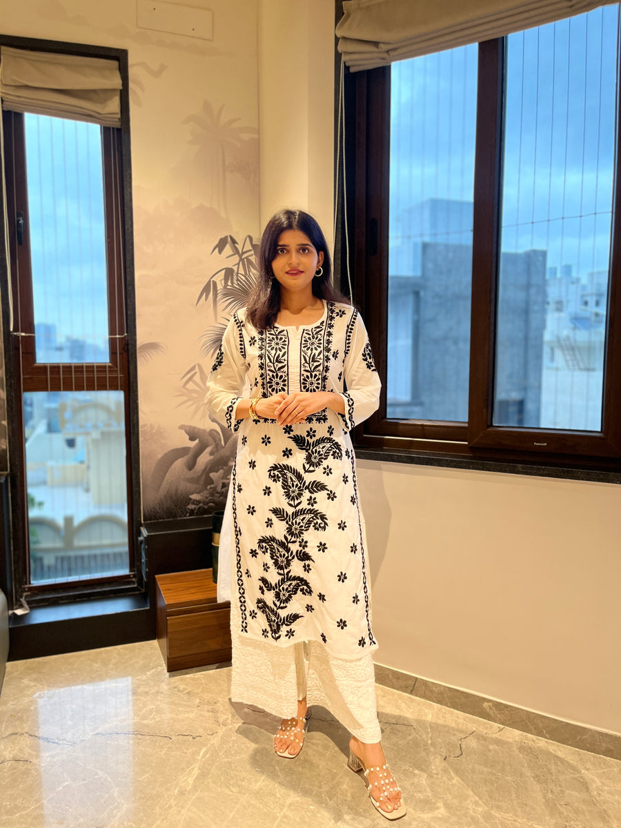 Supersoft Black Thread Chikankari Cotton White Straight Kurta