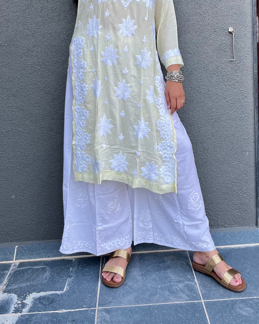 White Modal Chikankari Wide-Leg Palazzo