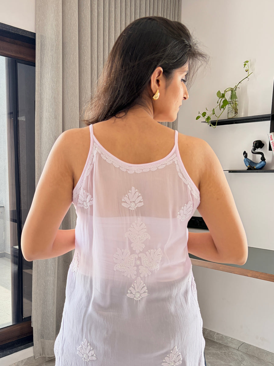 Ivory Noodle Strap Viscose Chikankari Short Kurti | Lucknowi