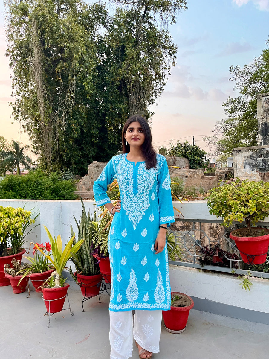Blue Modal Chikankari Straight Kurta