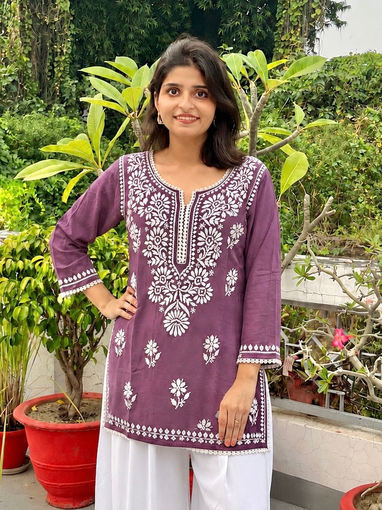 Women Yellow Modal Chikankari Embroidered Short Kurta