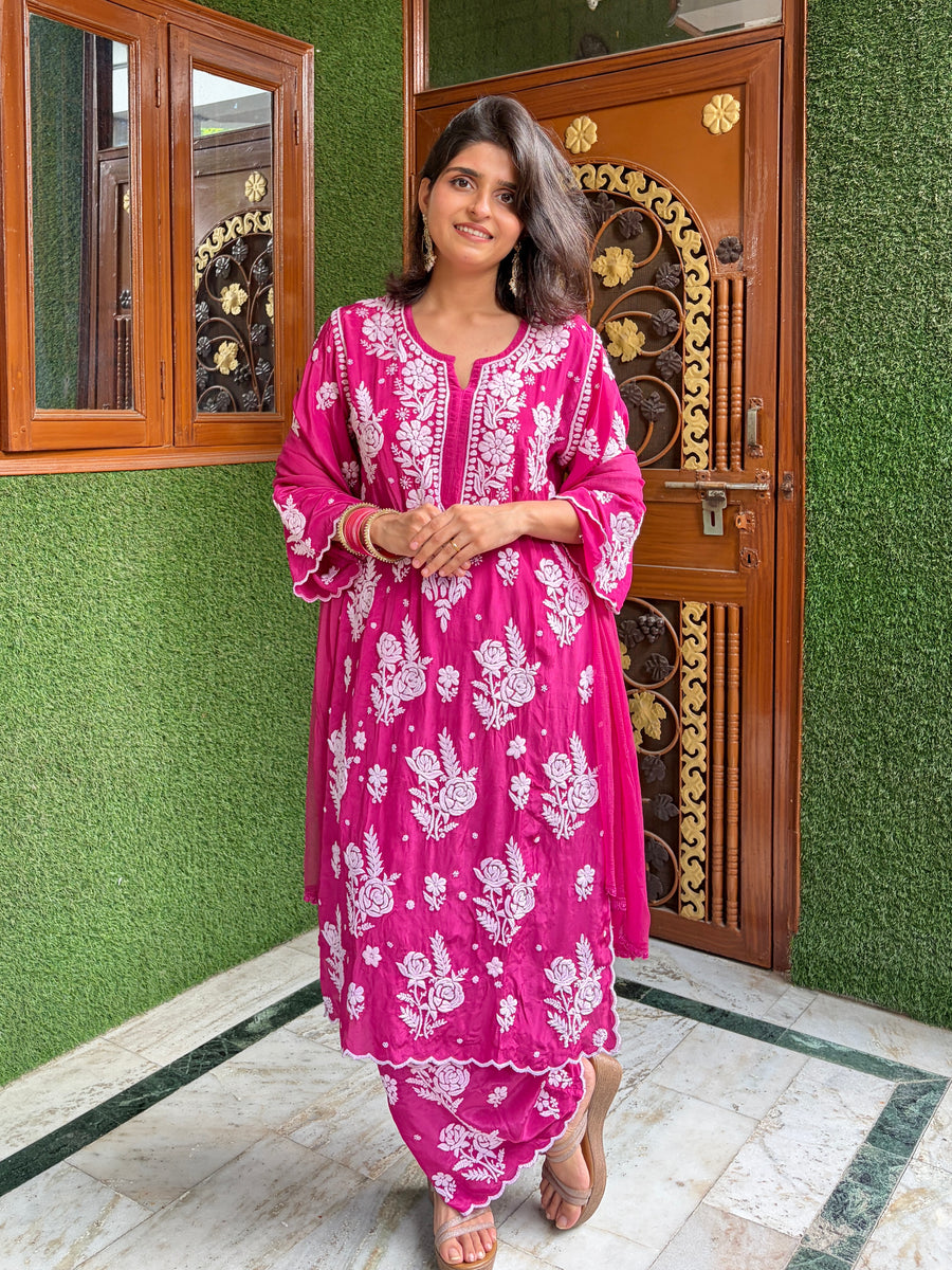 Deep Rani Pink Chikankari Kurta Palazzo Dupatta Set | Lucknowi