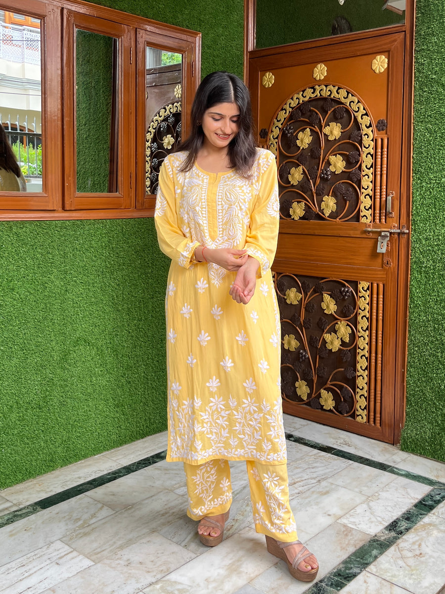 Women’s Modal Chikankari Straight Long Kurti & Palazzo Set – Hand-Embroidered