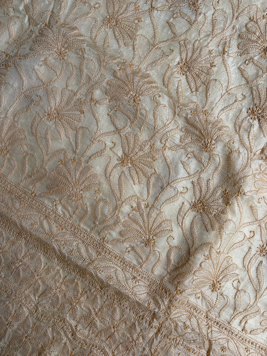 Beige Tussar Silk Lakhnavi Chikankari Saree for Women