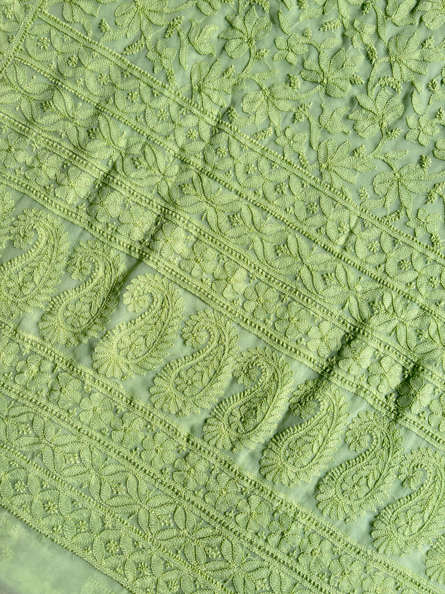 Green Chiffon All over Work Jaal Chikankari Saree | Lucknowi