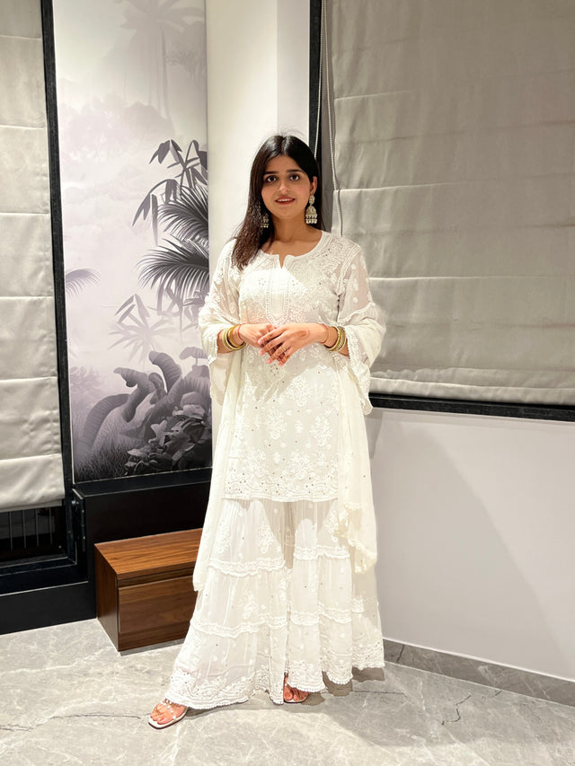 White Viscose Mukaish✨ Chikankari 3 piece Short Kurti Sharara and Dupatta Set
