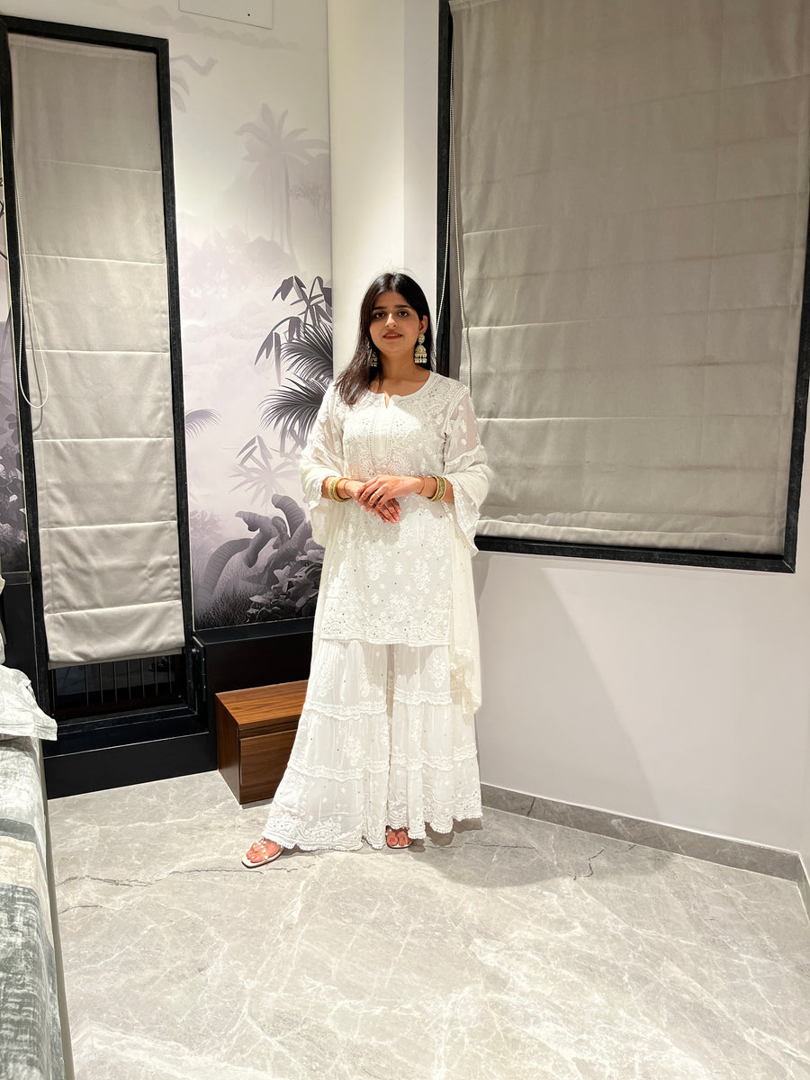 White Viscose Mukaish✨ Chikankari 3 piece Short Kurti Sharara and Dupatta Set