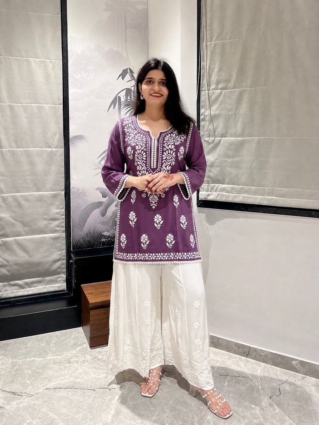 Women Purple Modal Chikankari Short Kurta