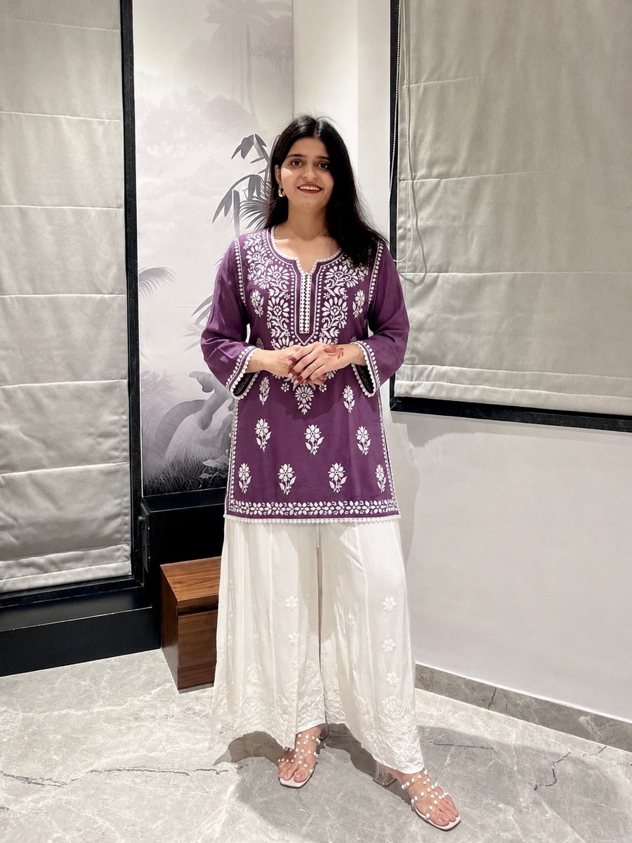 Women Yellow Modal Chikankari Embroidered Short Kurta