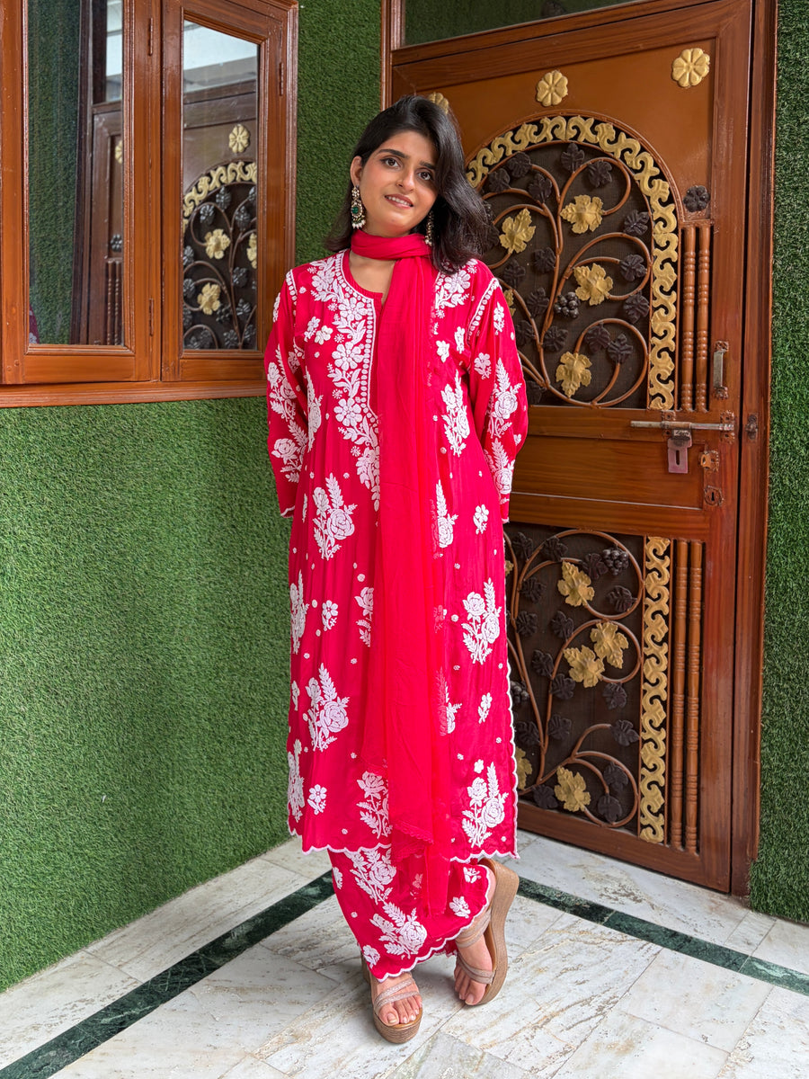 Deep Rani Pink Chikankari Kurta Palazzo Dupatta Set | Lucknowi